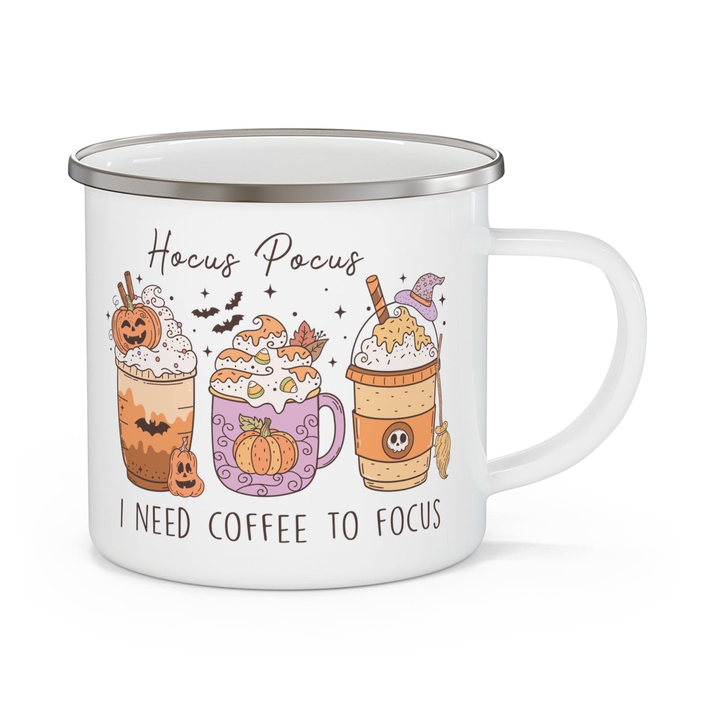 I Need Coffee to Focus" Halloween Enamel Mug - Spooky Sips for Halloween Enthusiasts