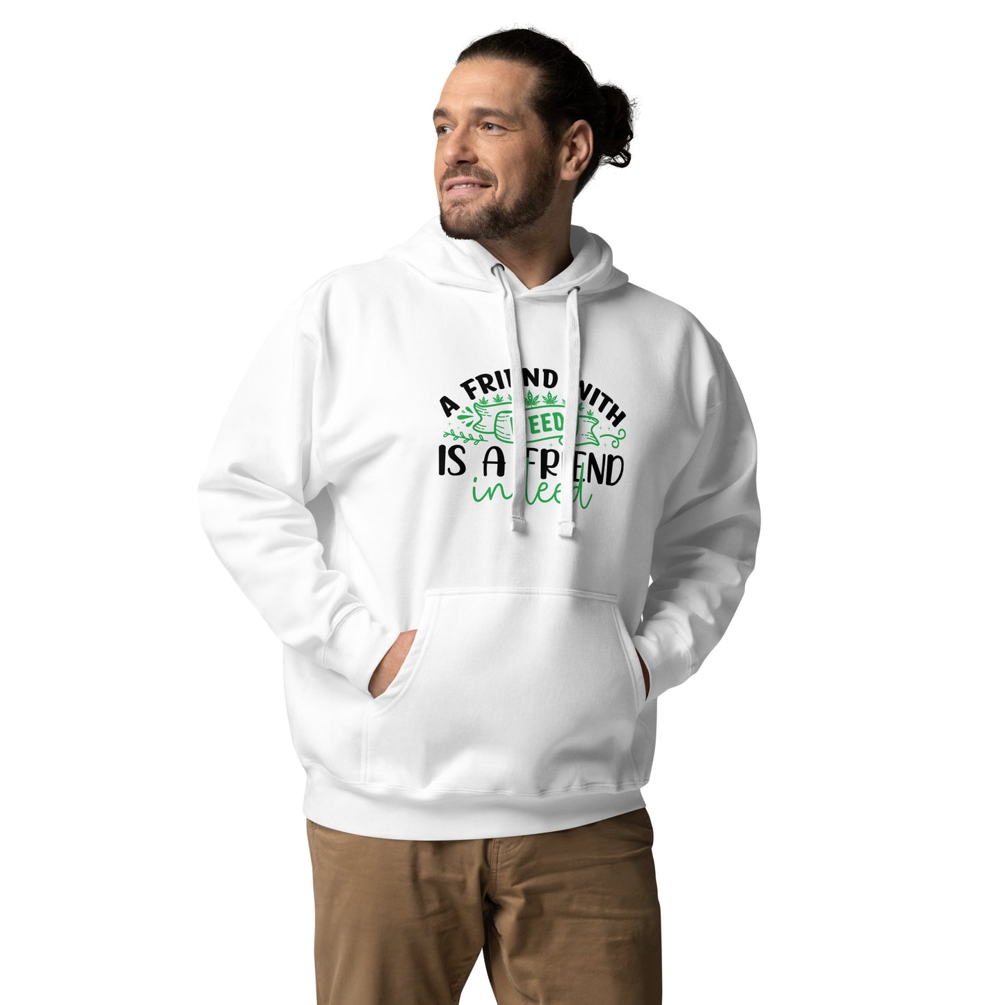 Image of a model wearing our Friendship-Embracing Hoodie: A Friend with Deed is a Friend Indeed Edition, symbolizing the importance of meaningful connections.