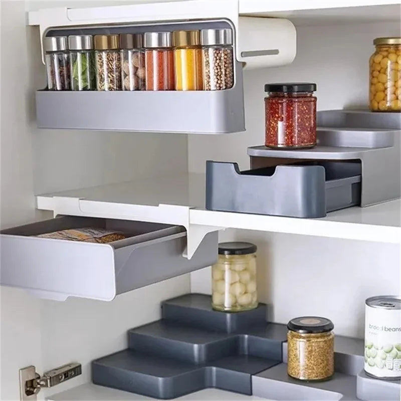 Home Kitchen Self-Adhesive Spice Storage Rack Wall-Mounted Under-Shelf Spice Closet Organizer Kitchen Spice Bottle Storage Rack