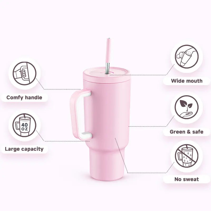 [MEOKY Authentic] MEOKY 2024 New Stainless Steel Car Cup with Handle Anti-Spill Lid Stainless Steel Straw Anti-Slip Silicone Pad Travel Outdoor Insulated Cup Valentine'S Day Best Gift Keeps Cold for 24 Hours and Hot for 8 Hours (40 Oz)