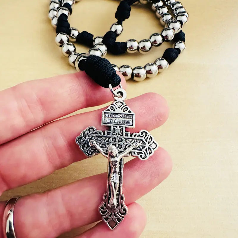 Paracord Rosary, Large Black Paracord Rosary Necklace