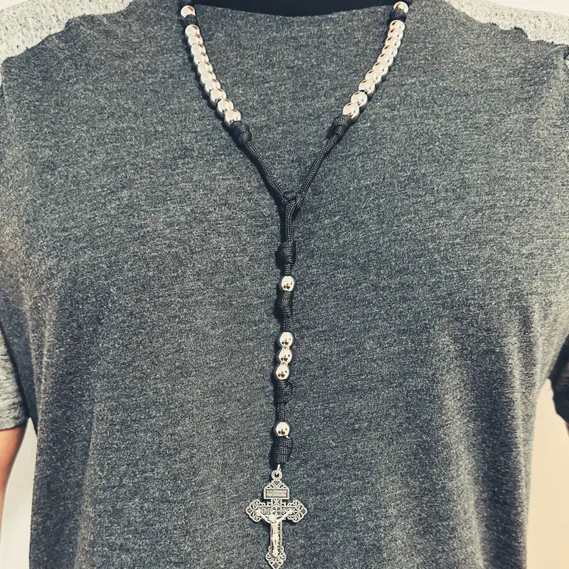 Paracord Rosary, Large Black Paracord Rosary Necklace