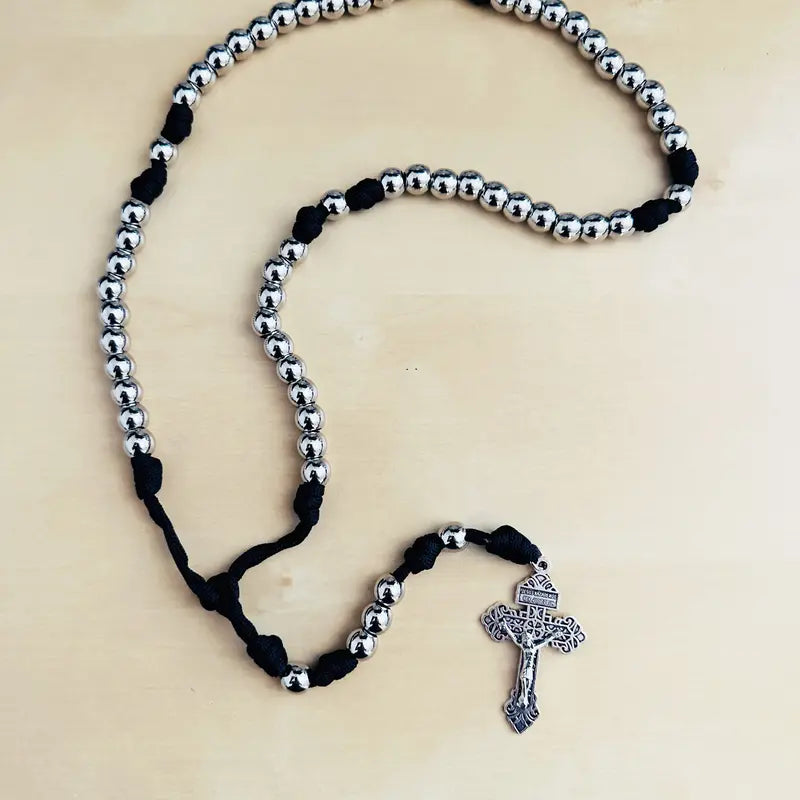 Paracord Rosary, Large Black Paracord Rosary Necklace